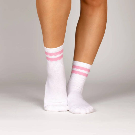 DOUBLE POM White Crew Sock w/ Double Light Pink Scallops