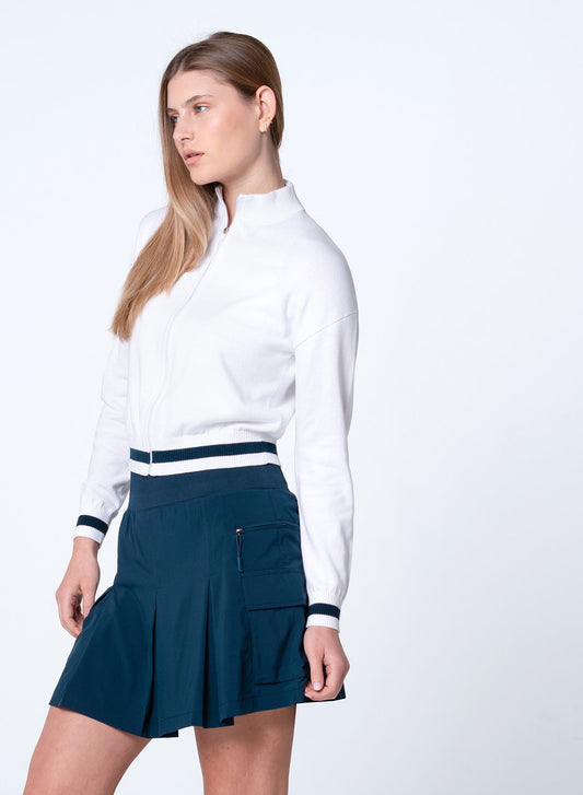 LUCKY IN LOVE Rally Mock Neck Cardigan (Women's) - White/ Navy