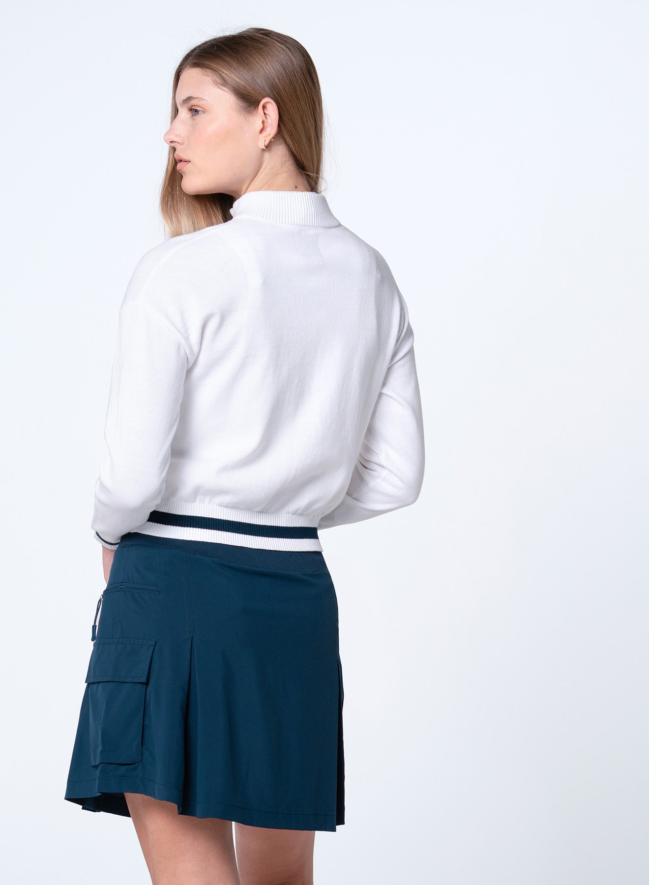 LUCKY IN LOVE Rally Mock Neck Cardigan (Women's) - White/ Navy